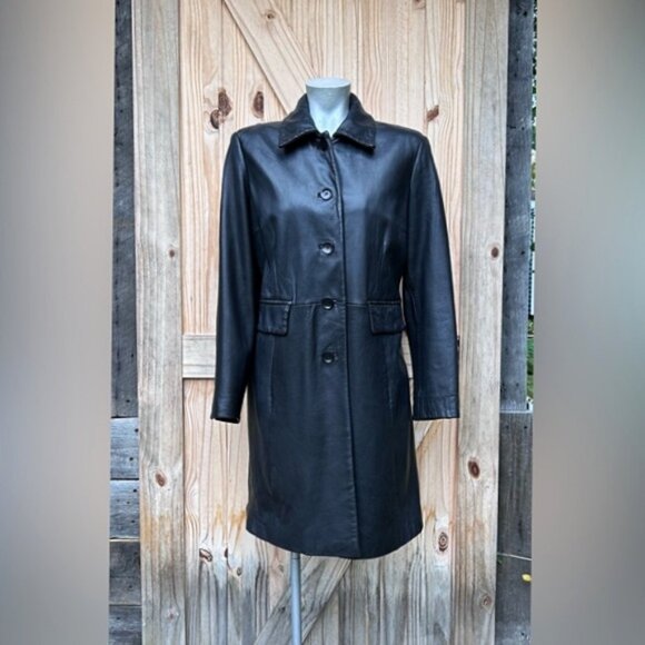 Vintage 90s Winlit Long Black Soft Leather Jacket~M~ - Picture 1 of 9
